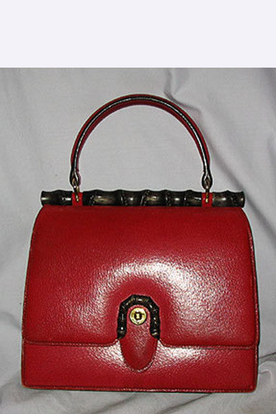 GUCCI VINTAGE Red Leather HANDBAG w/ BAMBOO Detail RARE