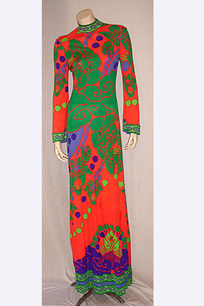 1960s long dress 1960s Flower Power Long Sleeve Mod Pink Green Paisley Retro Vintage 60s Dress