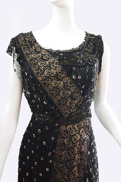 1910s Edwardian Tulle & Gilt Lace Evening Dress Swank Vintage 1910s Edwardian Tulle & Gilt Lace Evening Dress Swank Vintage