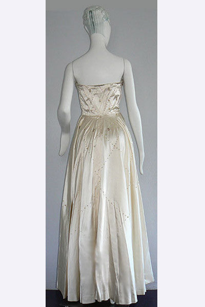 1940s Leyna Beauvilain Satin Beaded Gown
