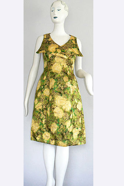 1960s Gold and Green Silk Dress