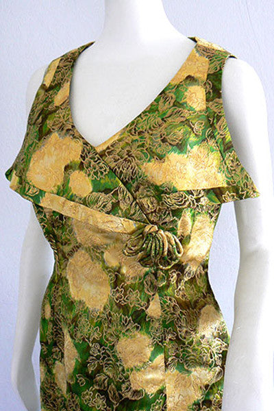 1960s Gold and Green Silk Dress