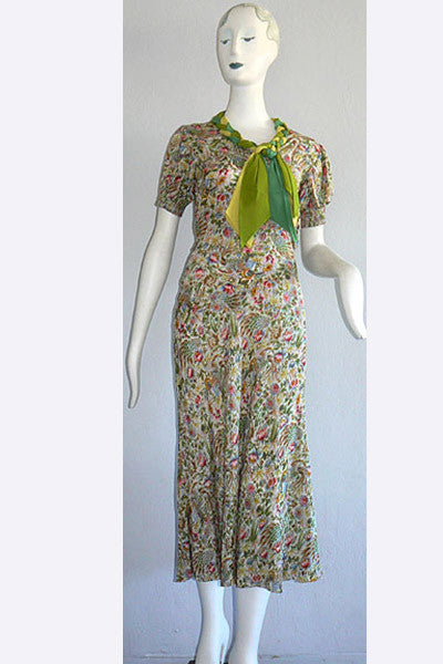 1930s Silk Feathers & Flora Silk Dress