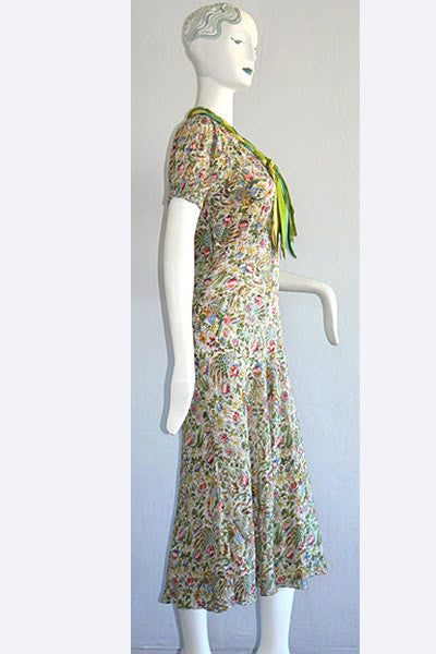 1930s Silk Feathers & Flora Silk Dress