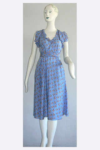 1970s Sant Angelo Blue Floral Flirty Dress