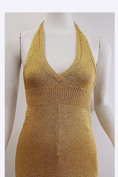 1960s Biba Gold Lurex Knit Halter Dress