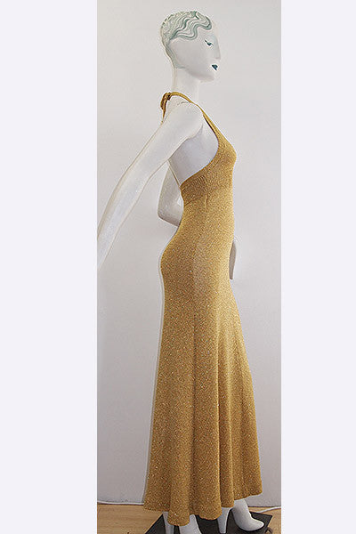1960s Biba Gold Lurex Knit Halter Dress