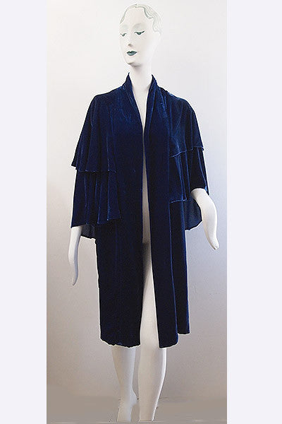 1930s Blue Velvet Double Cape Cocoon Coat