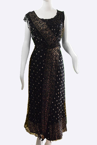 1910s Edwardian Tulle & Gilt Lace Evening Dress