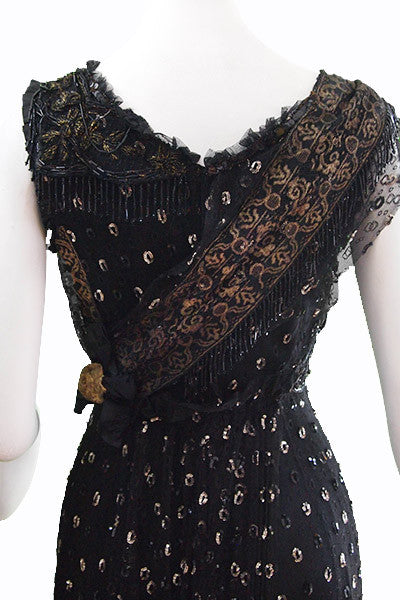 1910s Edwardian Tulle & Gilt Lace Evening Dress Swank Vintage 1910s Edwardian Tulle & Gilt Lace Evening Dress Swank Vintage