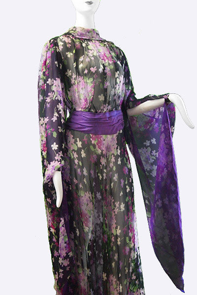 1910s Long Open Sleeve Floral Print Chiffon Gown