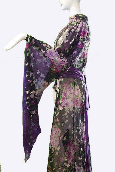 1910s Long Open Sleeve Floral Print Chiffon Gown