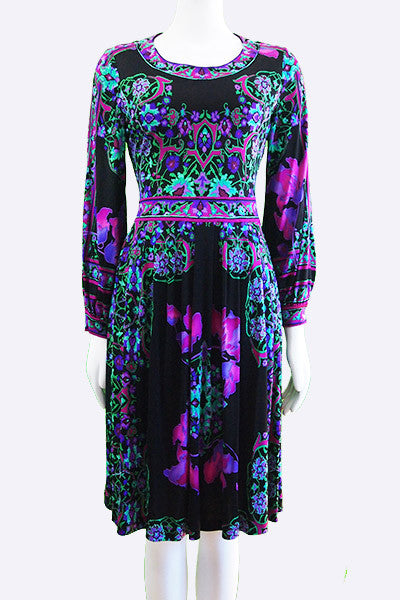 1960s Leonard Paris Orchid Print Silk Jersey Dress