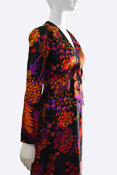 Adele Simpson Vintage Striped Ascot Bow Tie Brown Crepe Dress, 1960s