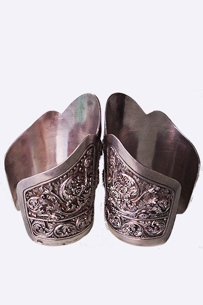 1920s Siam Thai Silver Repoussé Bracelet Cuff Pair