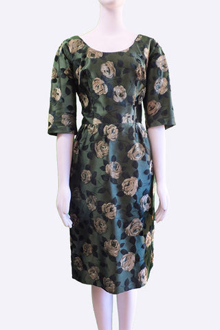 1950s I. Magnin Flocked Satin Floral Dress